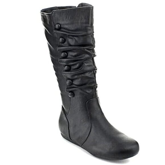 Ruched Wrinkle Design Mid-Calf Stitching Studded Detail Narrow Fit Flat Boot - Picture 1 of 6